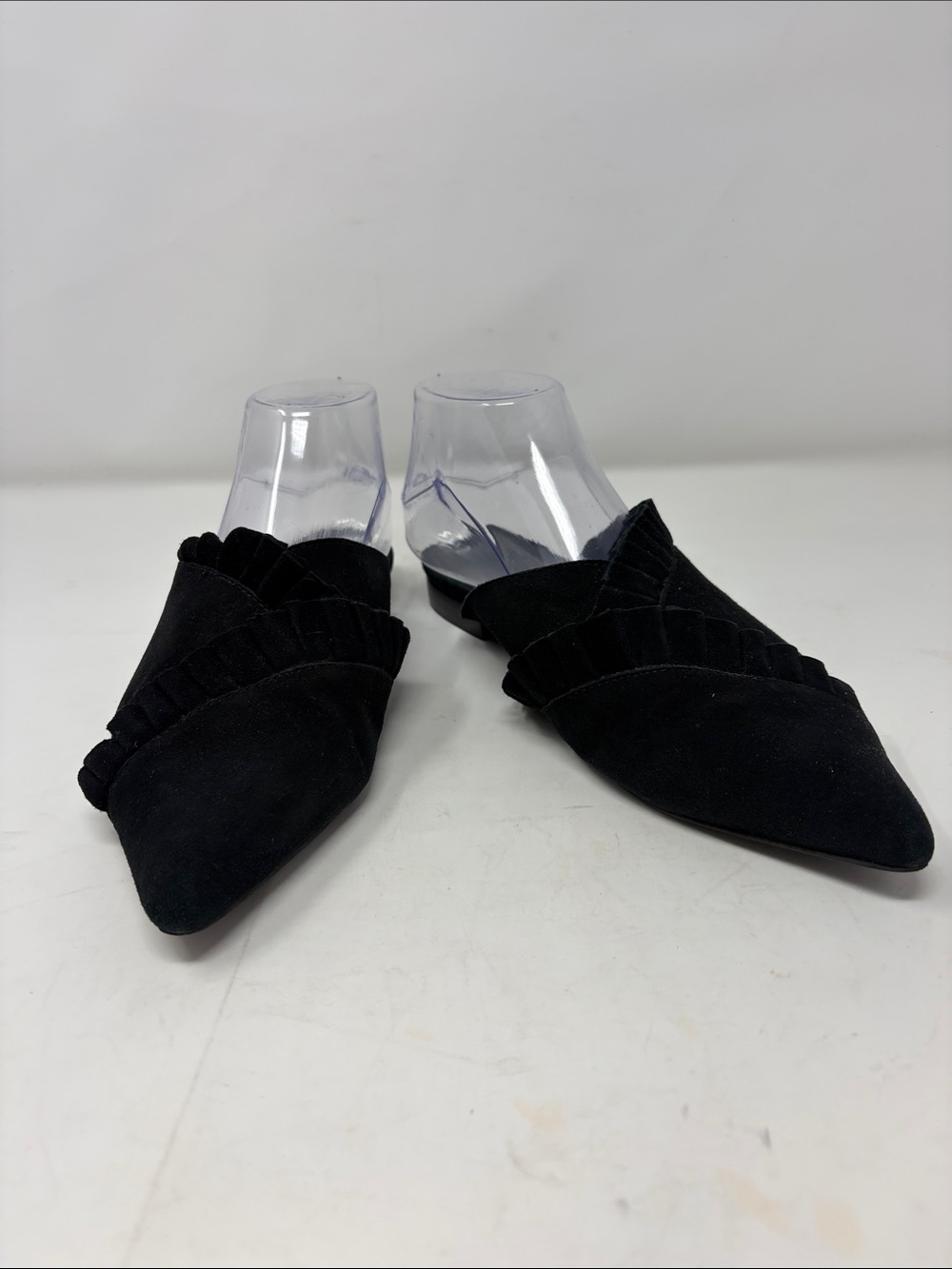 Jeffrey Campbell Suede Black Pointed-Toe Ruffle Accent Mules Size 9
